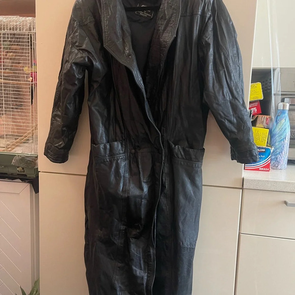 VTG Natural leather long jacket/ coat size M BLACK Turkey - Picture 1 of 11